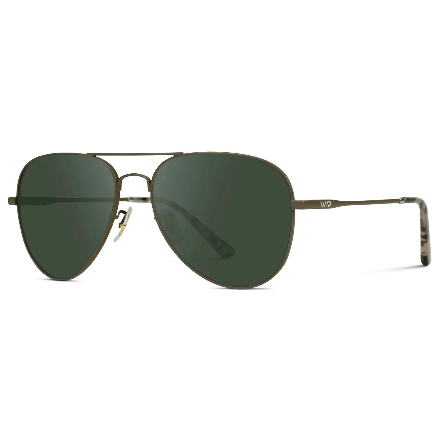 Woodland / G15 || Side view of Unisex Double Bridge Aviator Prescription Sunglasses with Brown Metal Frame and Green Lens on a white background