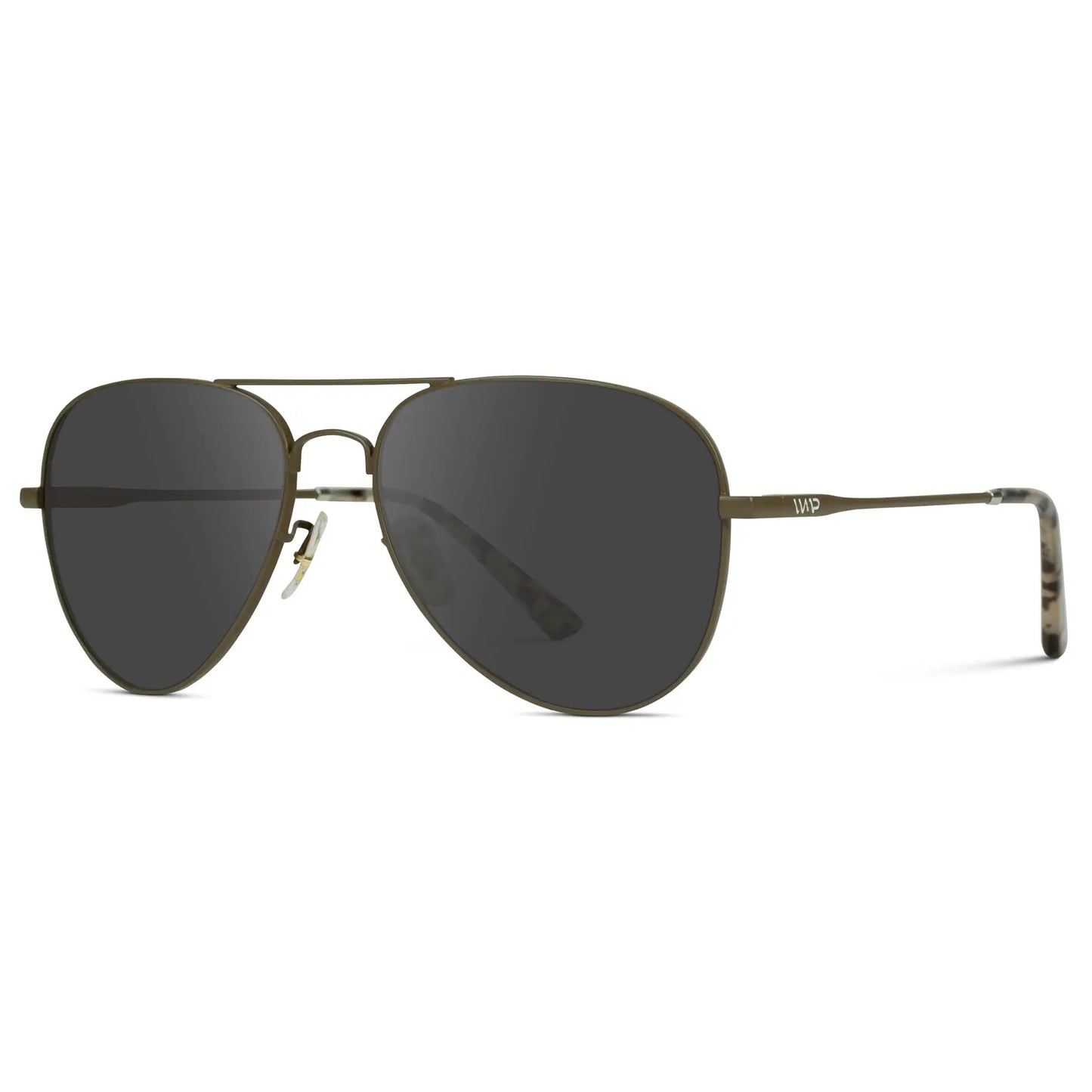 Woodland / Grey || Side view of Unisex Double Bridge Aviator Prescription Sunglasses with Brown Metal Frame and Grey Lens on a white background