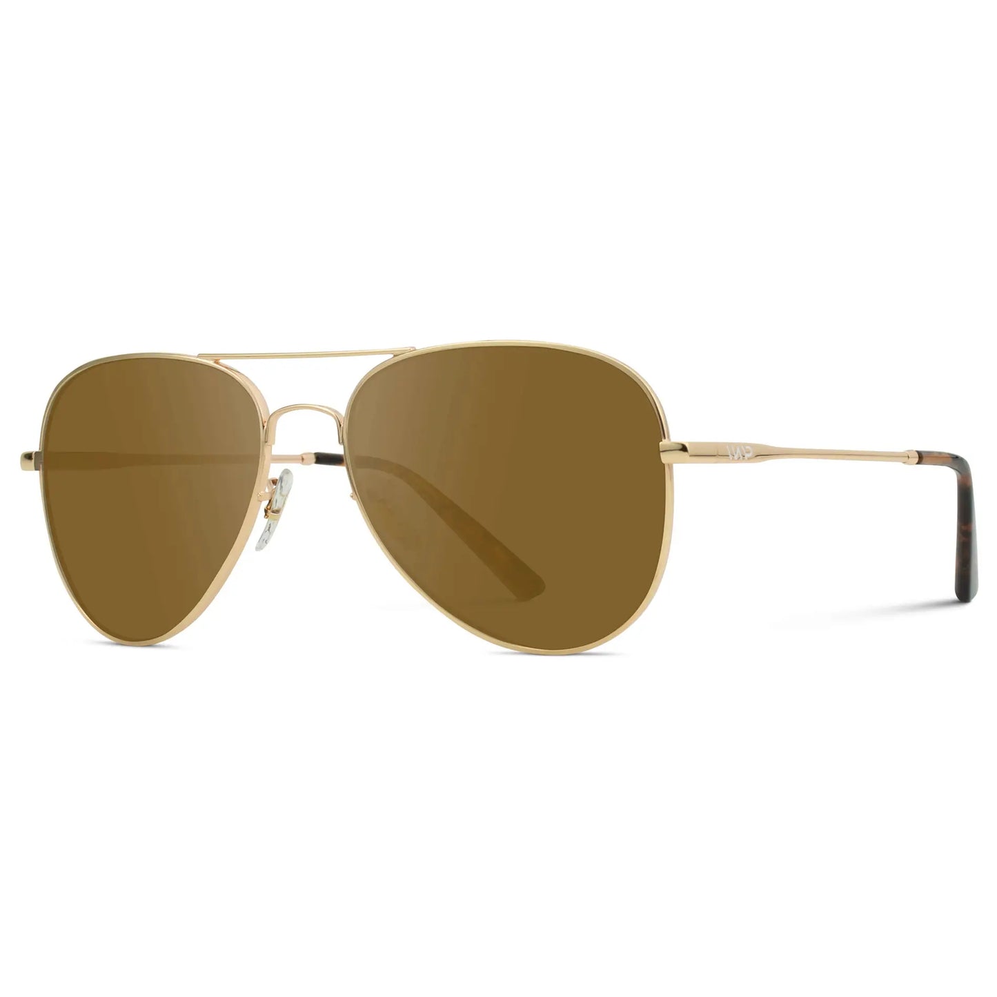 Gold Frame / Amber || Side view of Unisex Double Bridge Aviator Prescription Sunglasses with Gold Metal Frame and Amber Lens on a white background