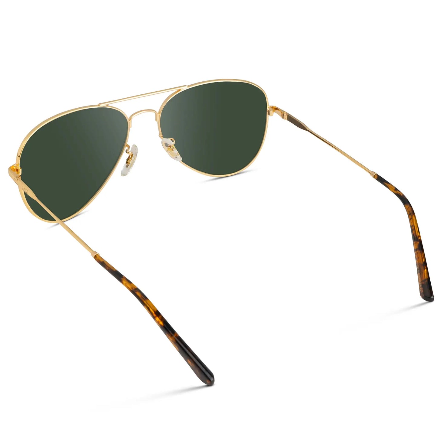 Gold Frame / G15 || Back view of Unisex Double Bridge Aviator Prescription Sunglasses with Gold Metal Frame and Green Lens on a white background