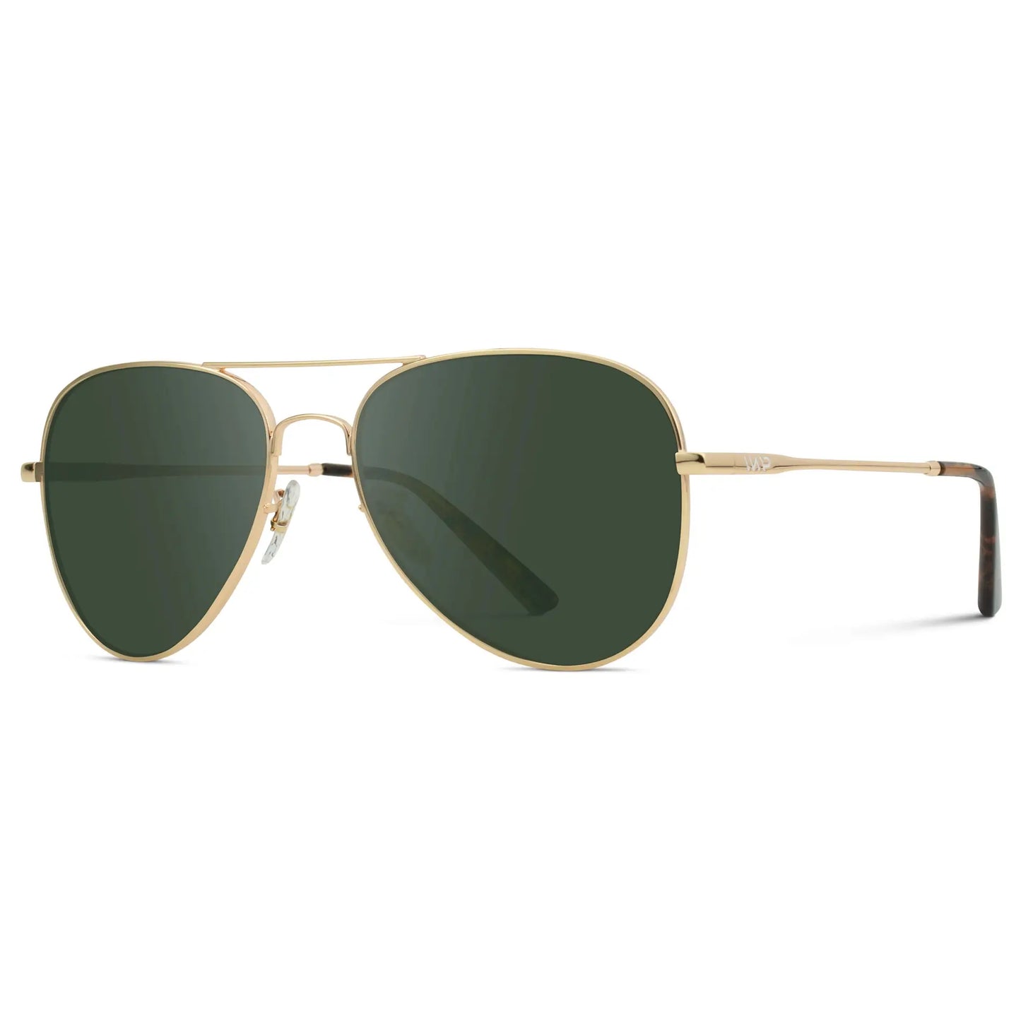 Gold Frame / G15 || Side view of Unisex Double Bridge Aviator Prescription Sunglasses with Gold Metal Frame and Green Lens on a white background