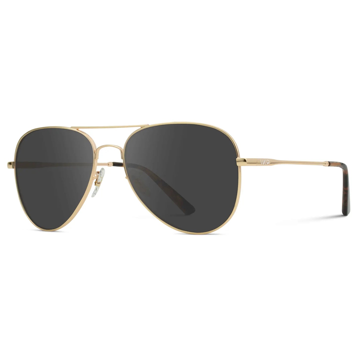 Gold Frame / Grey || Side view of Unisex Double Bridge Aviator Prescription Sunglasses with Gold Metal Frame and Grey Lens on a white background