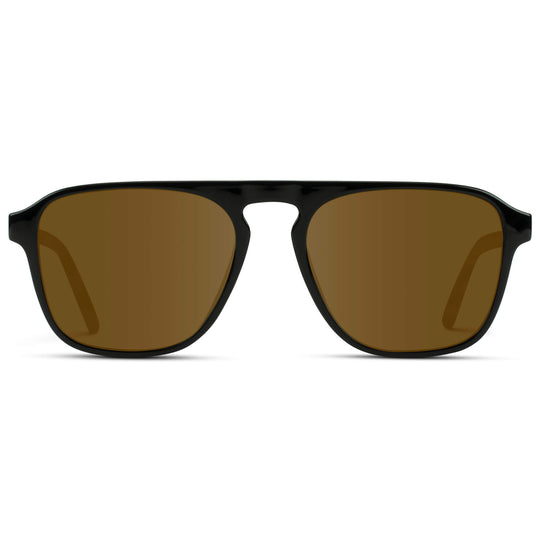 Black Beige Tort / Amber Lens || Black Single Bridge Aviator Sunglasses with Brown Prescription Lenses