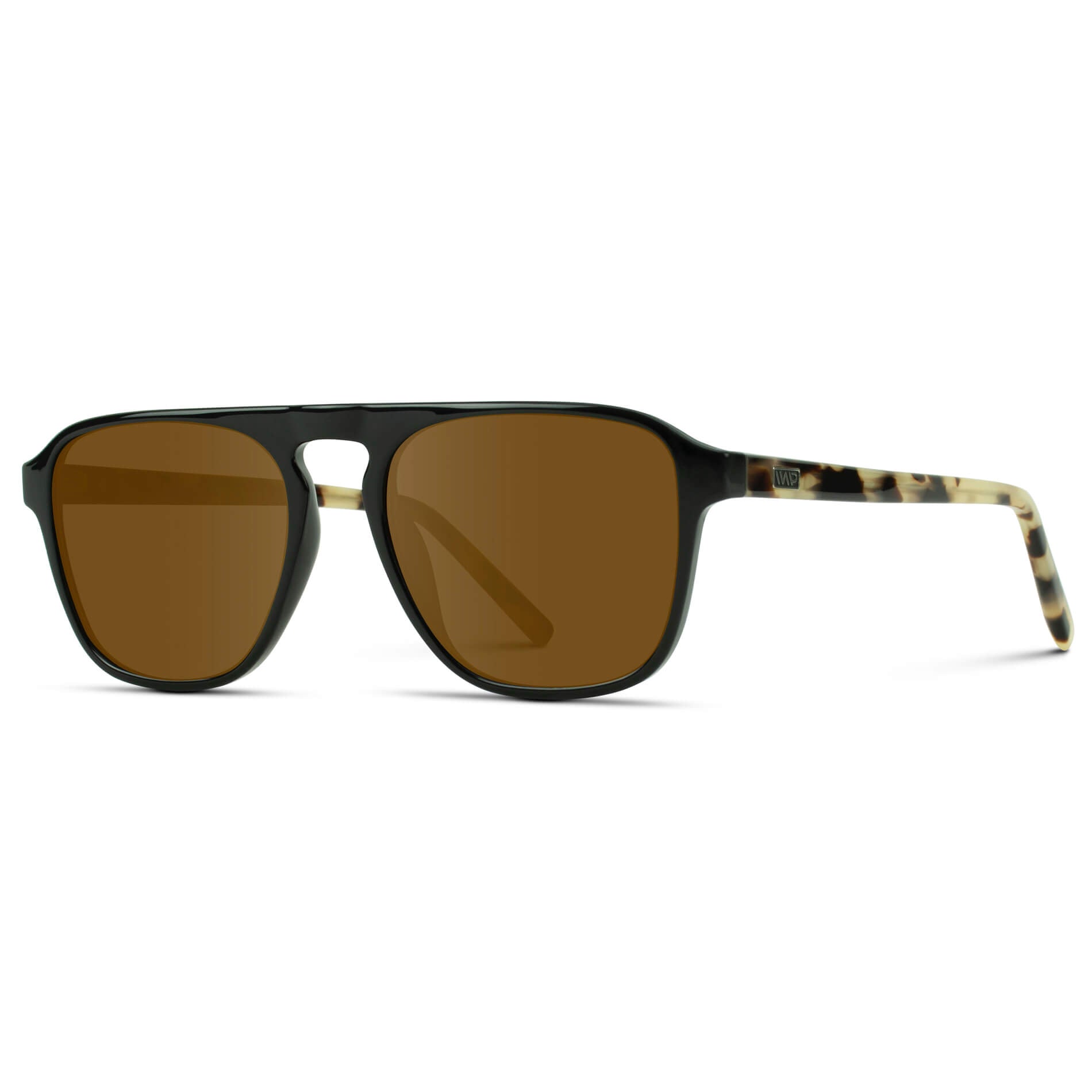 Black Beige Tort / Amber Lens || Black Single Bridge Aviator Sunglasses with Brown Prescription Lenses