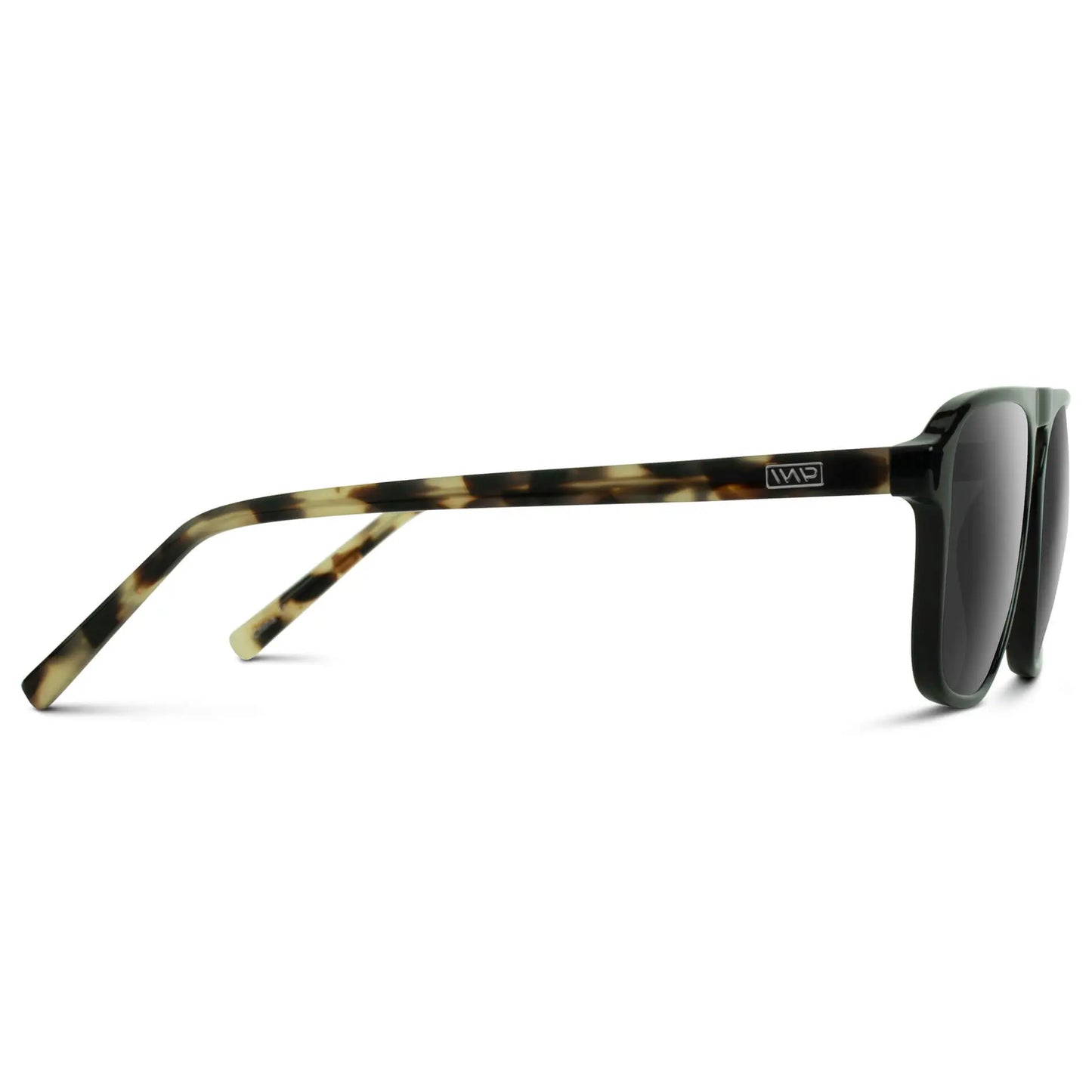 Black Beige Tort / Grey || Temple view of Black Single Bridge Aviator Sunglasses with Grey Prescription Lenses on a white background