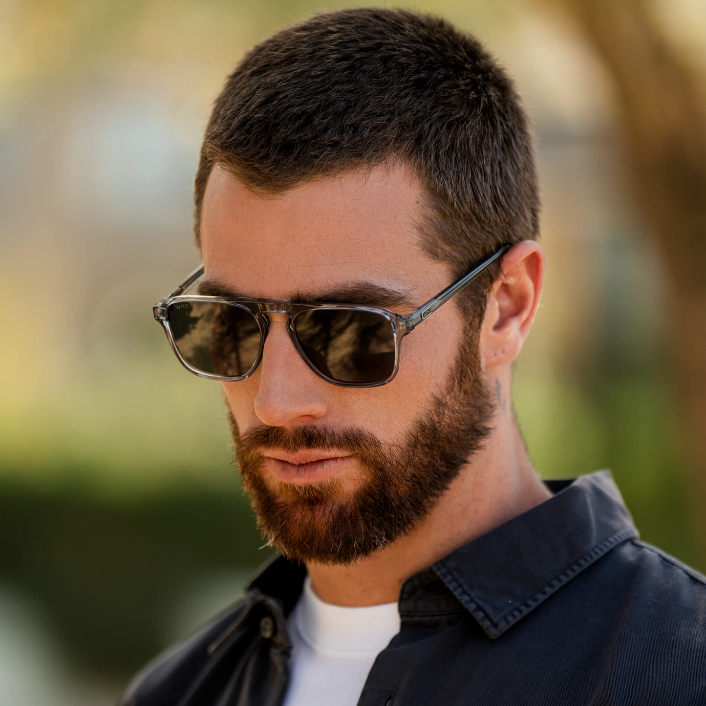 Denim Blue / Black Lens || Blue Single Bridge Aviator Sunglasses with Black Polarized Lenses