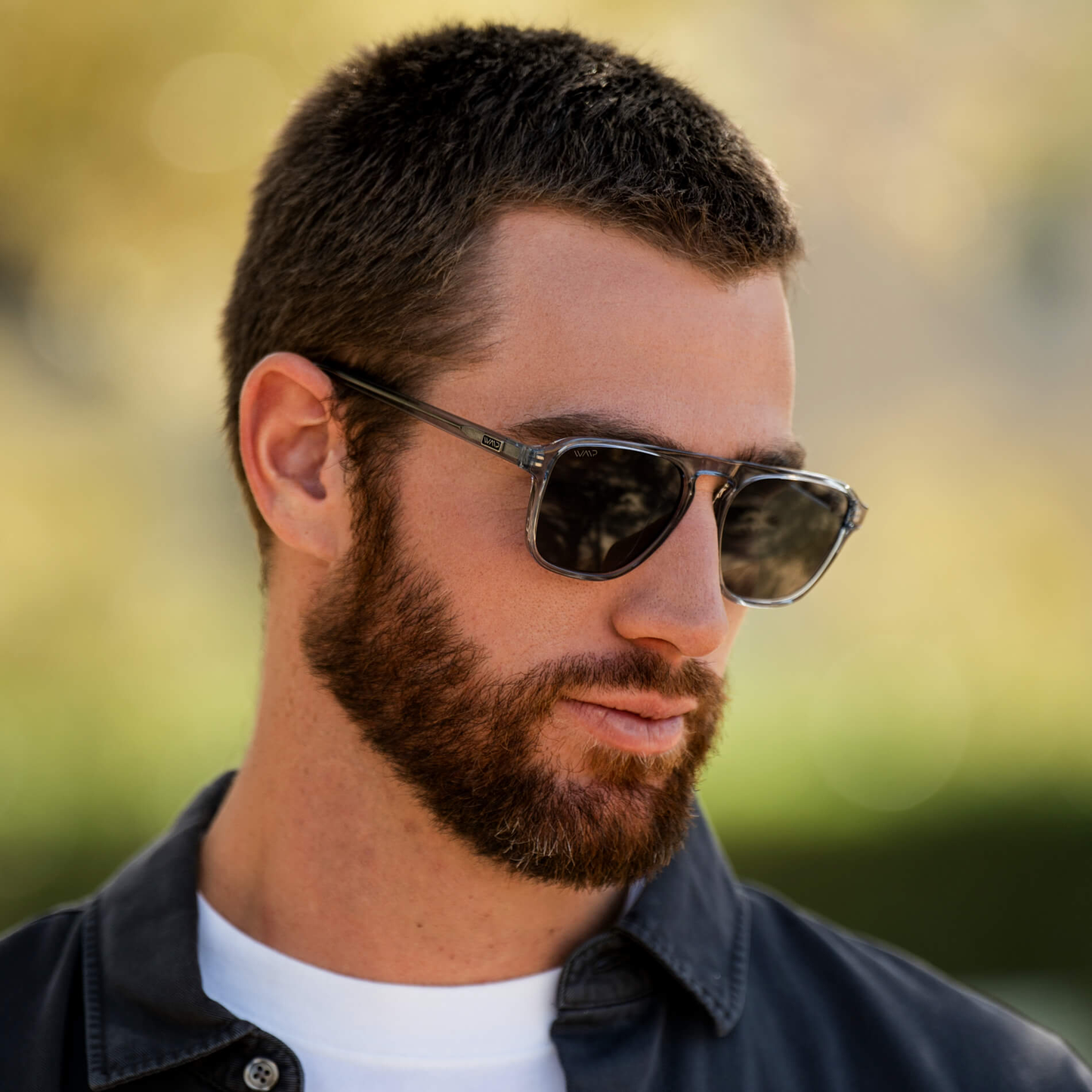 Denim Blue / Black Lens || Blue Single Bridge Aviator Sunglasses with Black Polarized Lenses