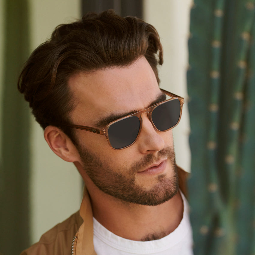 Light Crystal Brown / Grey Lens || Brown Single Bridge Aviator Sunglasses with Grey Prescription Lenses