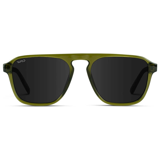 Crystal Saguaro Green / Black Lens || Green Single Bridge Aviator Sunglasses with Black Polarized Lenses