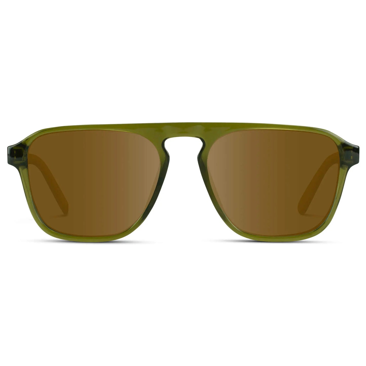 Crystal Saguaro Green / Amber || Green Single Bridge Aviator Sunglasses with Brown Prescription Lenses on a white background