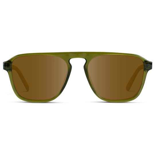 Crystal Saguaro Green / Amber Lens || Green Single Bridge Aviator Sunglasses with Brown Prescription Lenses
