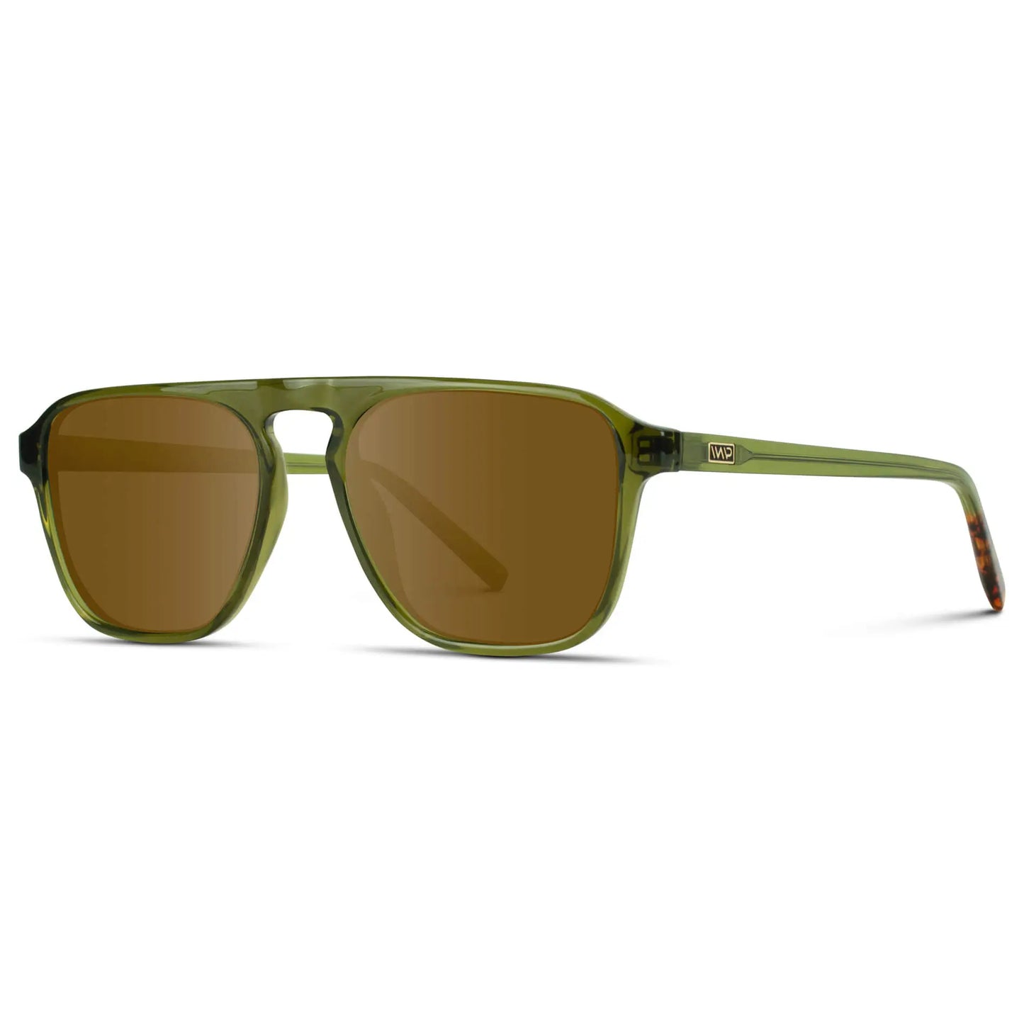 Crystal Saguaro Green / Amber || Side view of Green Single Bridge Aviator Sunglasses with Brown Prescription Lenses on a white background