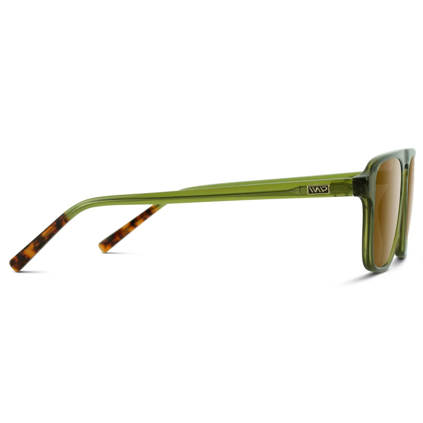 Crystal Saguaro Green / Amber || Temple view of Green Single Bridge Aviator Sunglasses with Brown Prescription Lenses on a white background