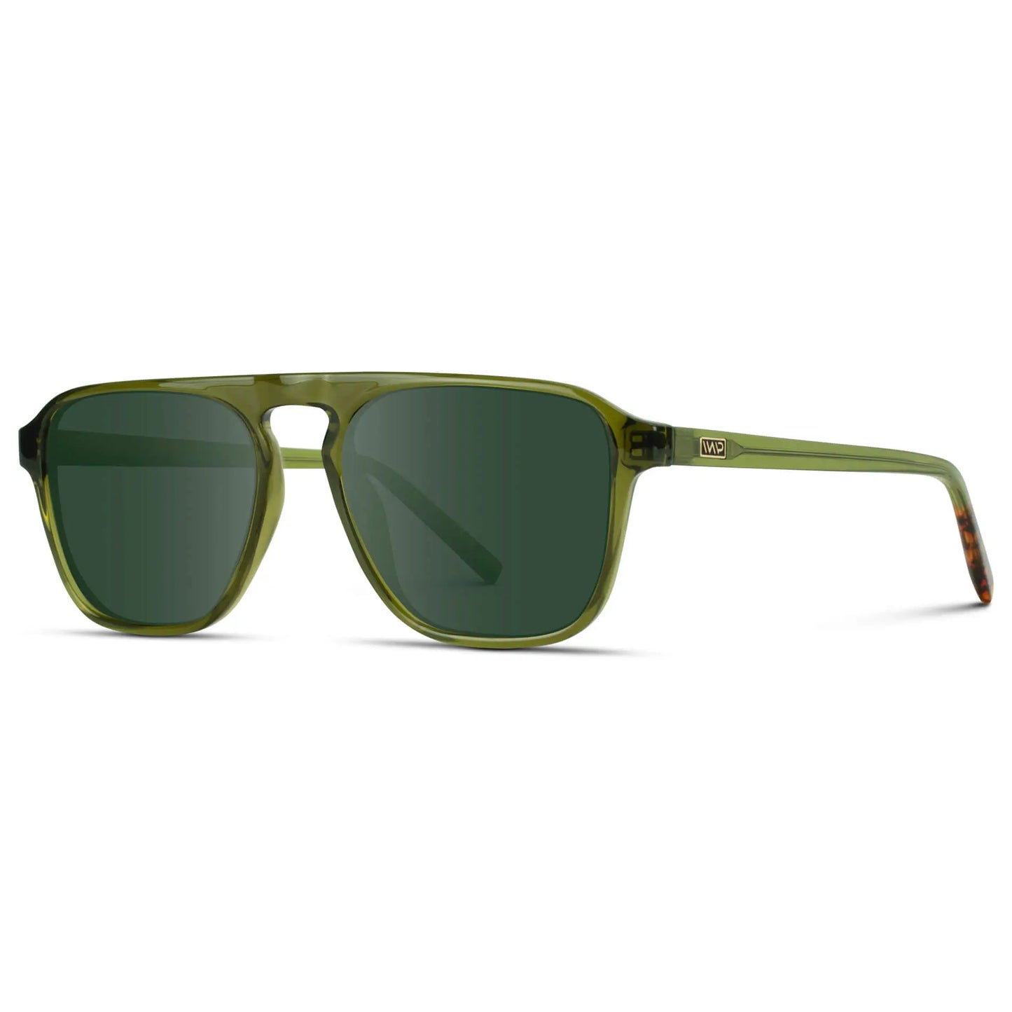 Crystal Saguaro Green / G15 || side view of Green Single Bridge Aviator Sunglasses with Green Prescription Lenses on a white background