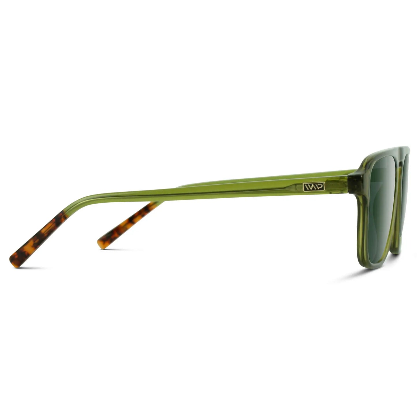 Crystal Saguaro Green / G15 || Temple view of Green Single Bridge Aviator Sunglasses with Green Prescription Lenses on a white background