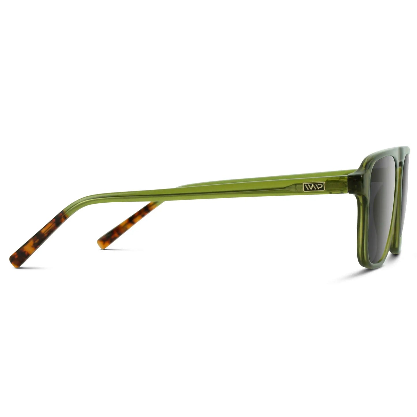 Crystal Saguaro Green / Grey || Temple view of Green Single Bridge Aviator Sunglasses with Grey Prescription Lenses on a white background