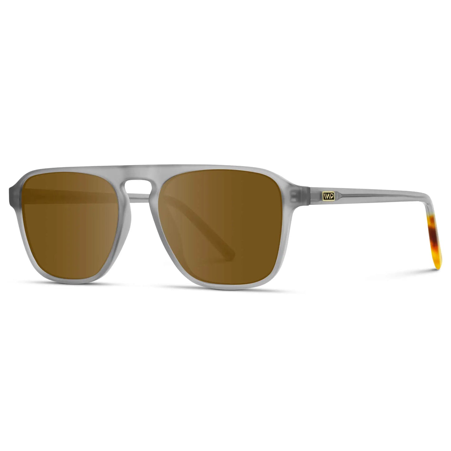 Moonrock Grey / Amber || Side view of Grey Single Bridge Aviator Prescription Sunglasses with Brown Lenses on a white background