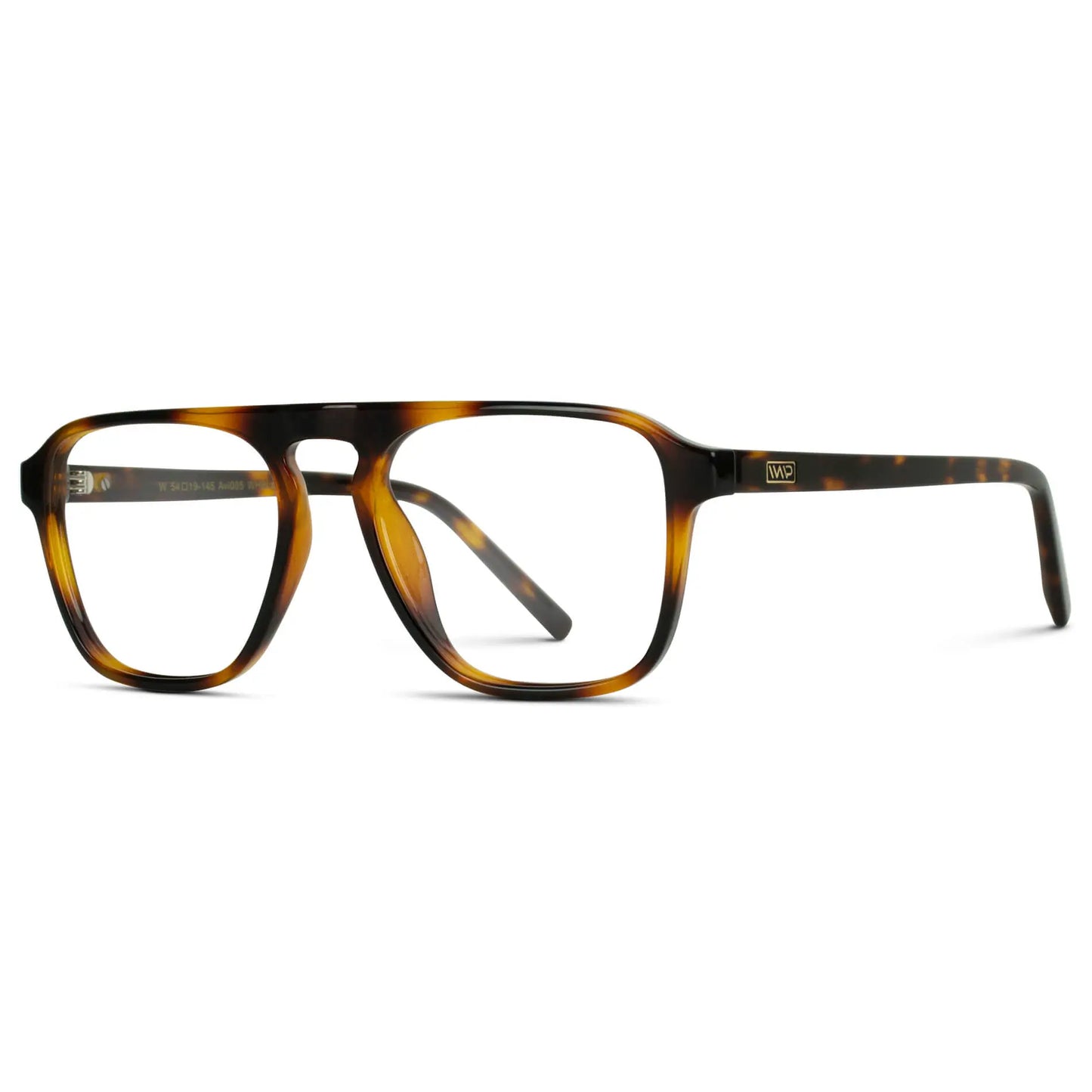 Whiskey Brown Tortoise || Side view of Men's Aviator Prescription Glasses with Whiskey Brown Tortoise Frame and Clear Lenses on a white background