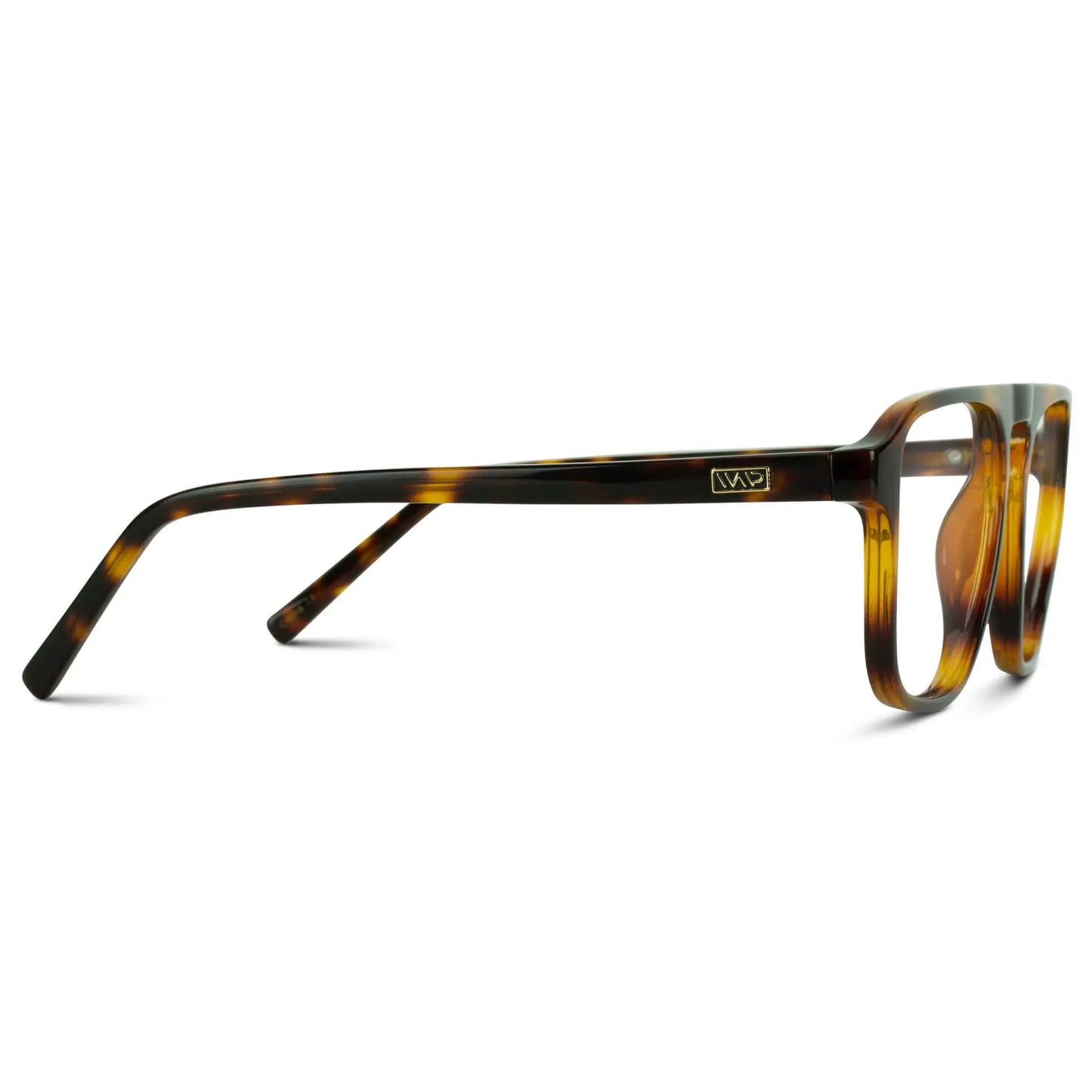 Whiskey Brown Tortoise || Temple view of Men's Aviator Prescription Glasses with Whiskey Brown Tortoise Frame and Clear Lenses on a white background