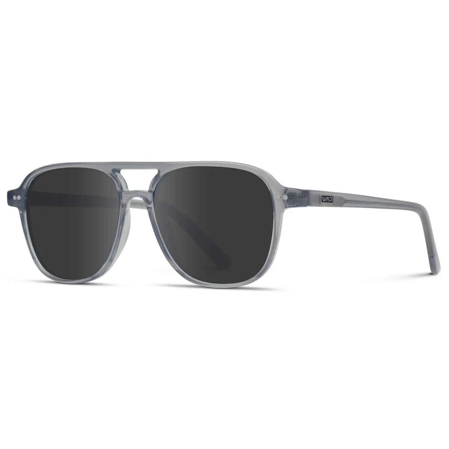 Crystal Mist / Grey || Side view of Women's Square Frame Prescription Sunglasses in Crystal Mist Frame and Grey Lenses on a white background