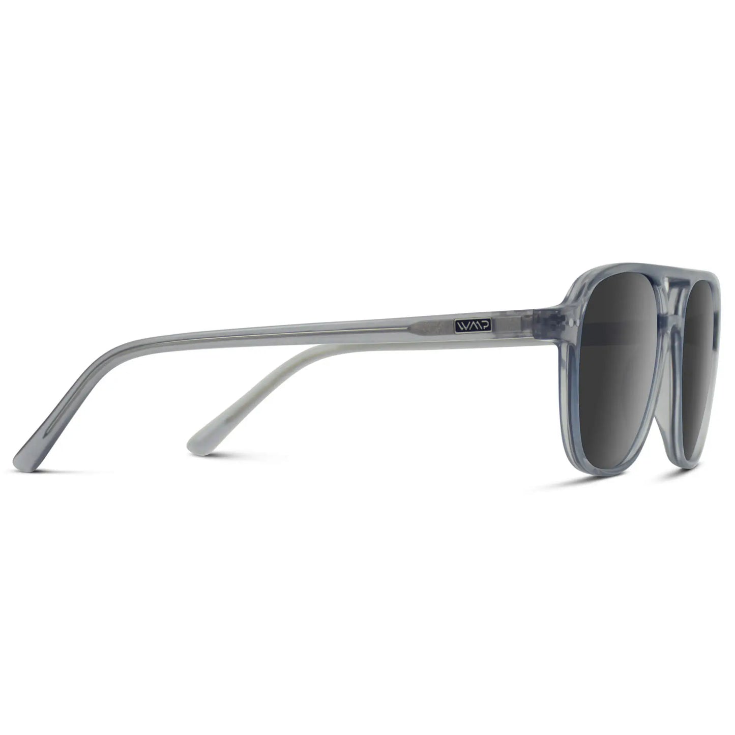 Crystal Mist / Grey || Temple view of Women's Square Frame Prescription Sunglasses in Crystal Mist Frame and Grey Lenses on a white background