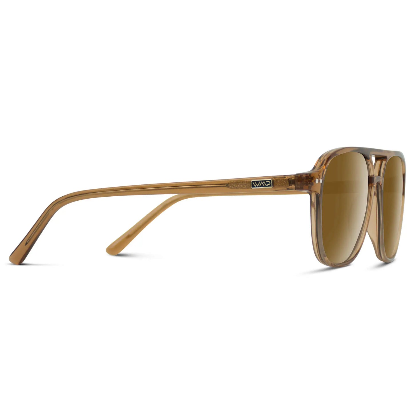 Crystal Copper / Amber || Temple view of Women's Square Frame Prescription Sunglasses in Crystal Copper with Amber Lens on a white background