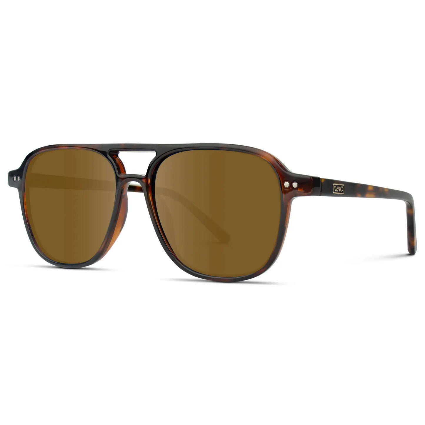 Whiskey Brown Tortoise / Amber || Side view of Women's Square Frame Prescription Sunglasses in Whiskey Brown Tortoise with Amber Lens on a white background