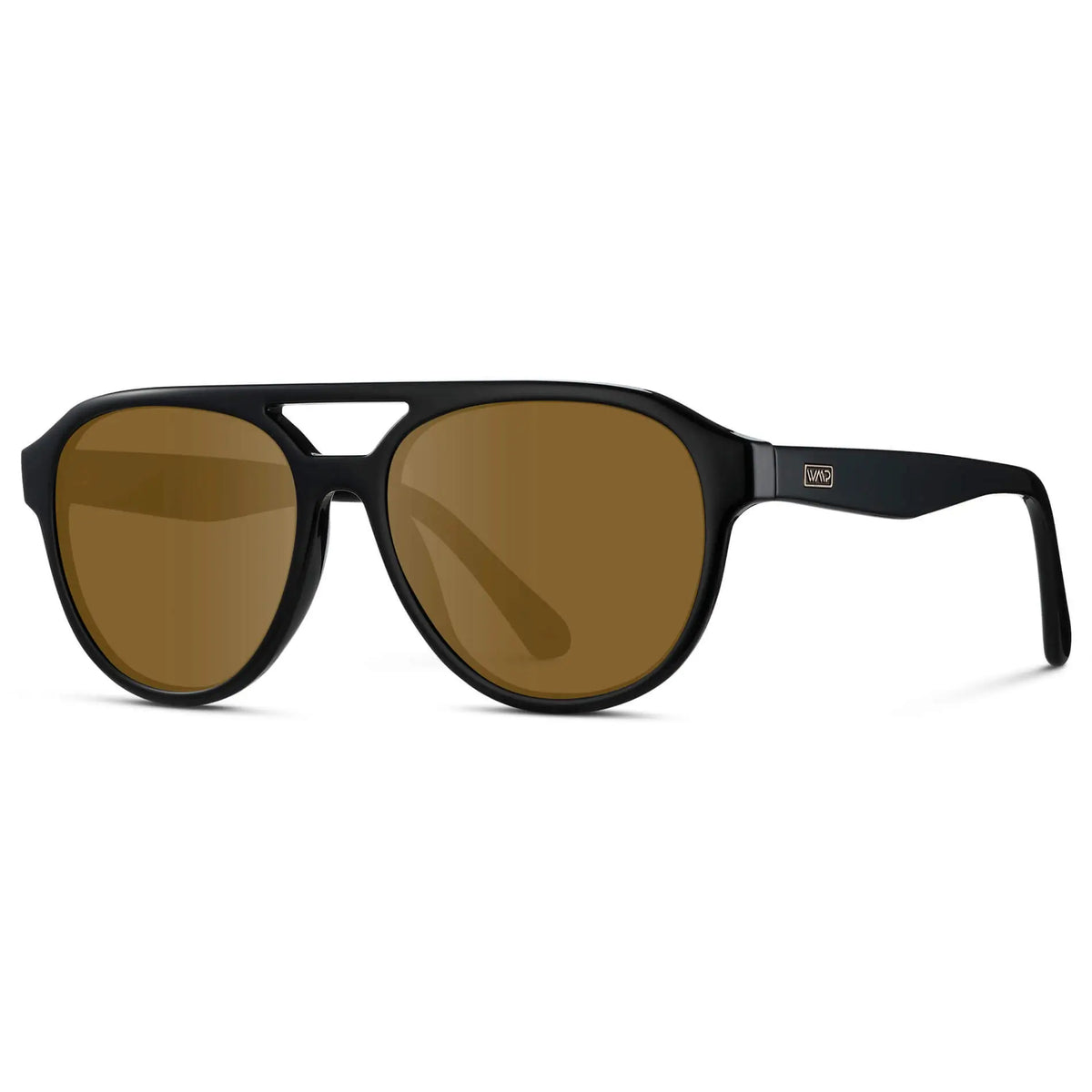 Black / Amber || Side view of Men's Aviator Style Prescription Sunglasses with Black Frame and Brown Prescription Lenses