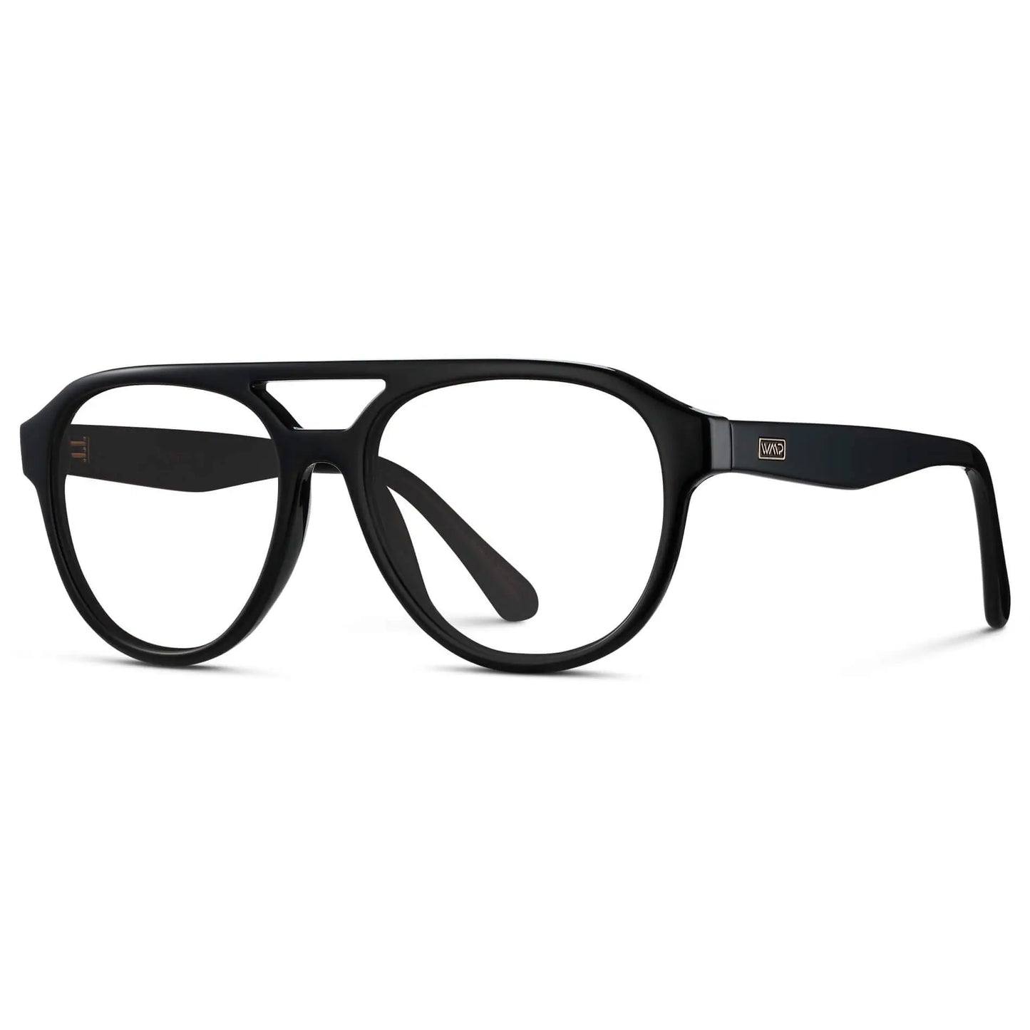 Black || Side view of Men's Aviator Prescription Glasses with Black Frame and Clear Lenses on a white background