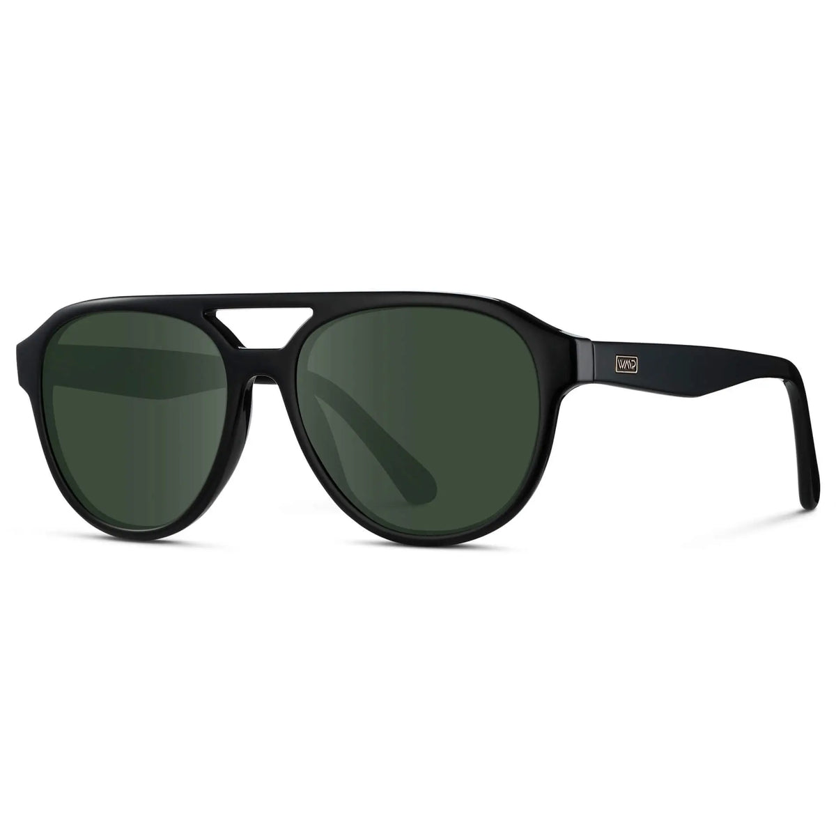 Black / G15 || Side view of Men's Aviator Style Prescription Sunglasses with Black Frame and Green Prescription Lenses