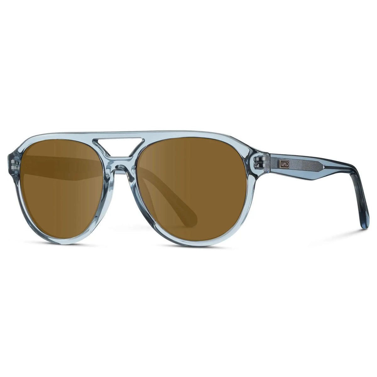 Denim Blue / Amber || Side view of Men's Aviator Style Prescription Sunglasses with Blue Frame and Brown Prescription Lenses