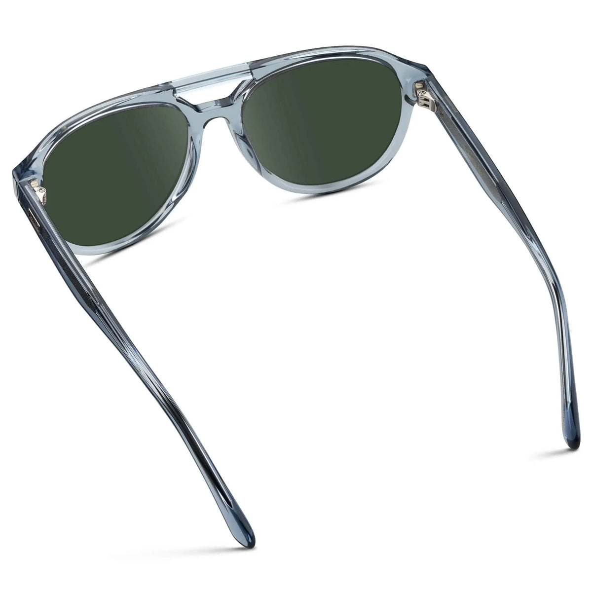 Denim Blue / G15 || Back view of Men's Aviator Style Prescription Sunglasses with Blue Frame and Green Prescription Lenses
