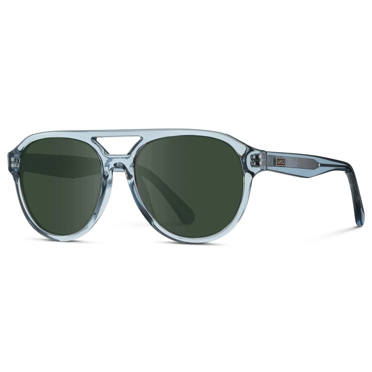 Denim Blue / G15 || Side view of Men's Aviator Style Prescription Sunglasses with Blue Frame and Green Prescription Lenses