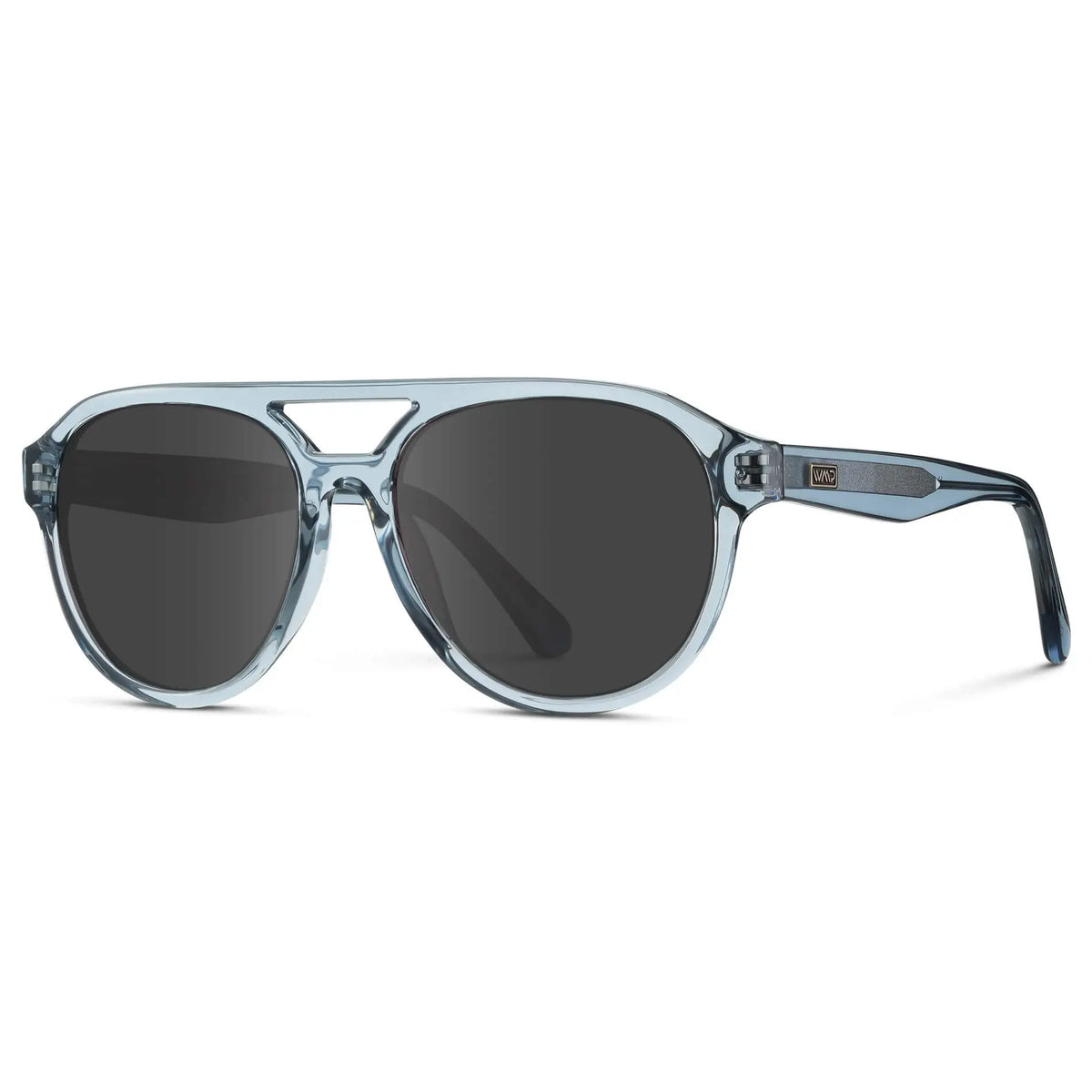 Denim Blue / Grey || Side view of Men's Aviator Style Prescription Sunglasses with Blue Frame and Grey Prescription Lenses