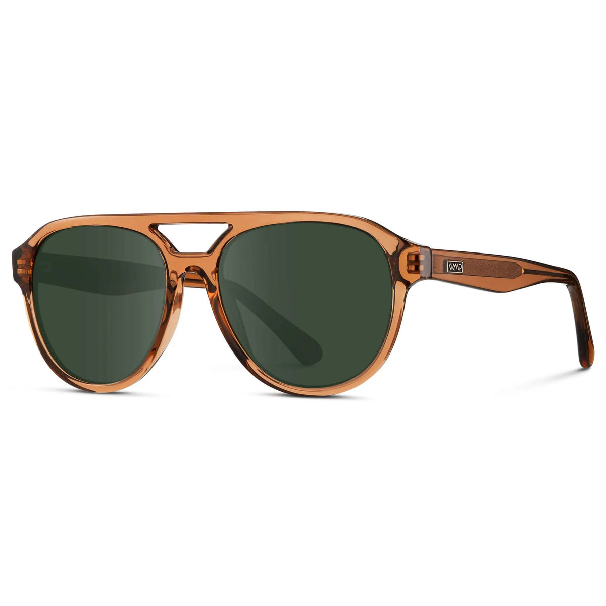 Crystal Copper / G15 || Side view of Men's Aviator Style Prescription Sunglasses with Brown Frame and Green Prescription Lenses