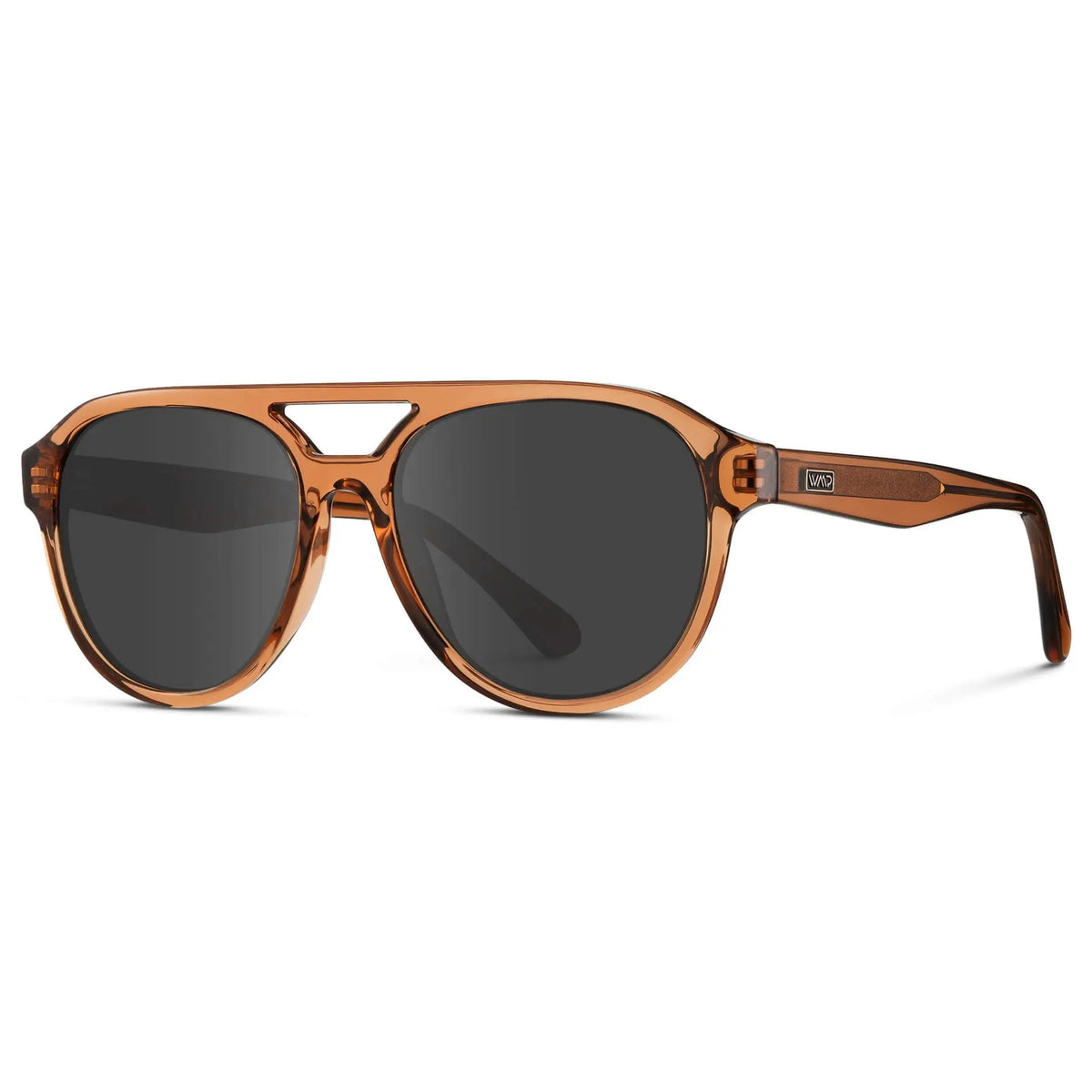 Crystal Copper / Grey || Side view of Men's Aviator Style Prescription Sunglasses with Brown Frame and Grey Prescription Lenses
