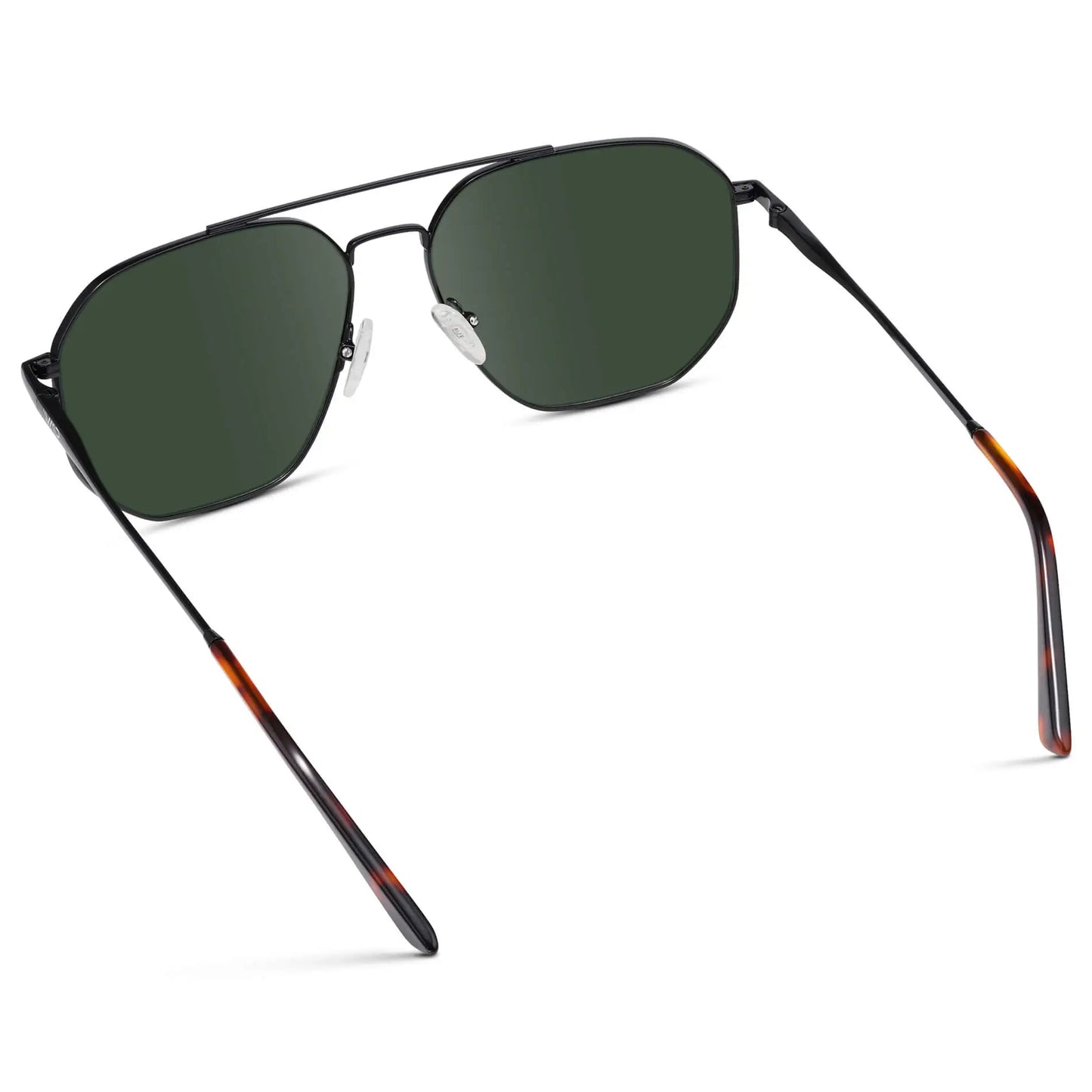 Black Carbon / G15 || Back view of Men's Double Bridge Aviator Prescription Sunglasses with Black Carbon Frame and Green Lenses on a white background