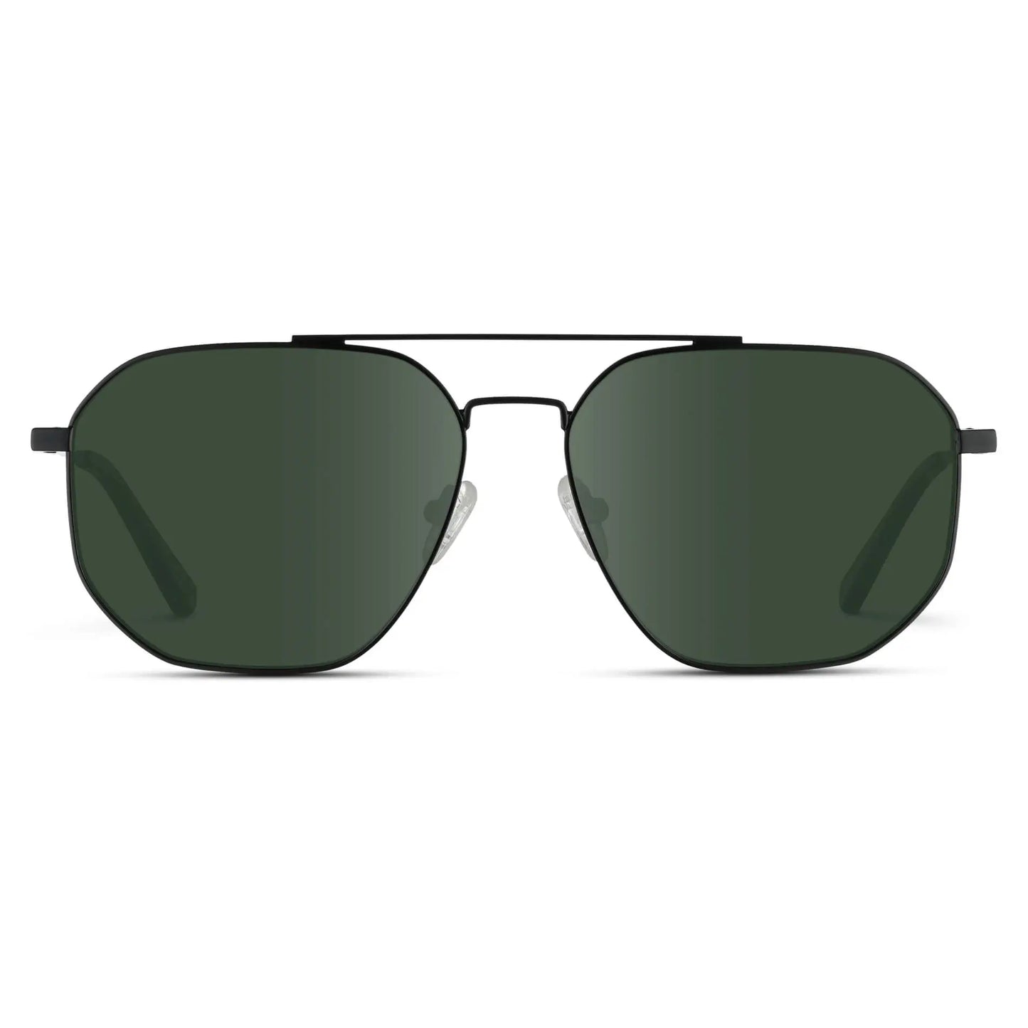 Black Carbon / G15 || Men's Double Bridge Aviator Prescription Sunglasses with Black Carbon Frame and Green Lenses on a white background