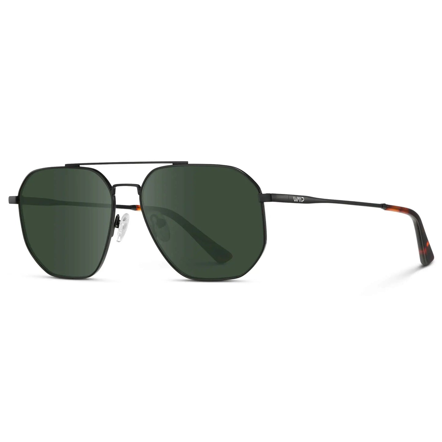 Black Carbon / G15 || Side view of Men's Double Bridge Aviator Prescription Sunglasses with Black Carbon Frame and Green Lenses on a white background