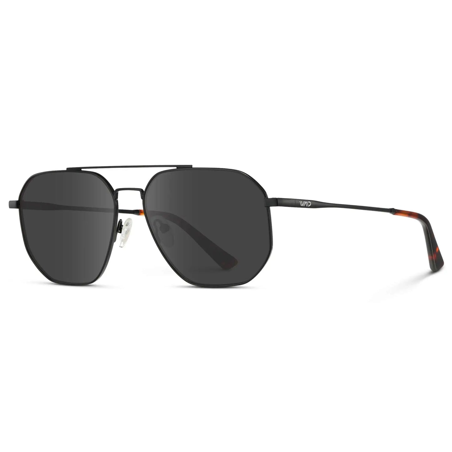 Black Carbon / Grey || Side view of Men's Double Bridge Aviator Prescription Sunglasses with Black Carbon Frame and Grey Lenses on a white background