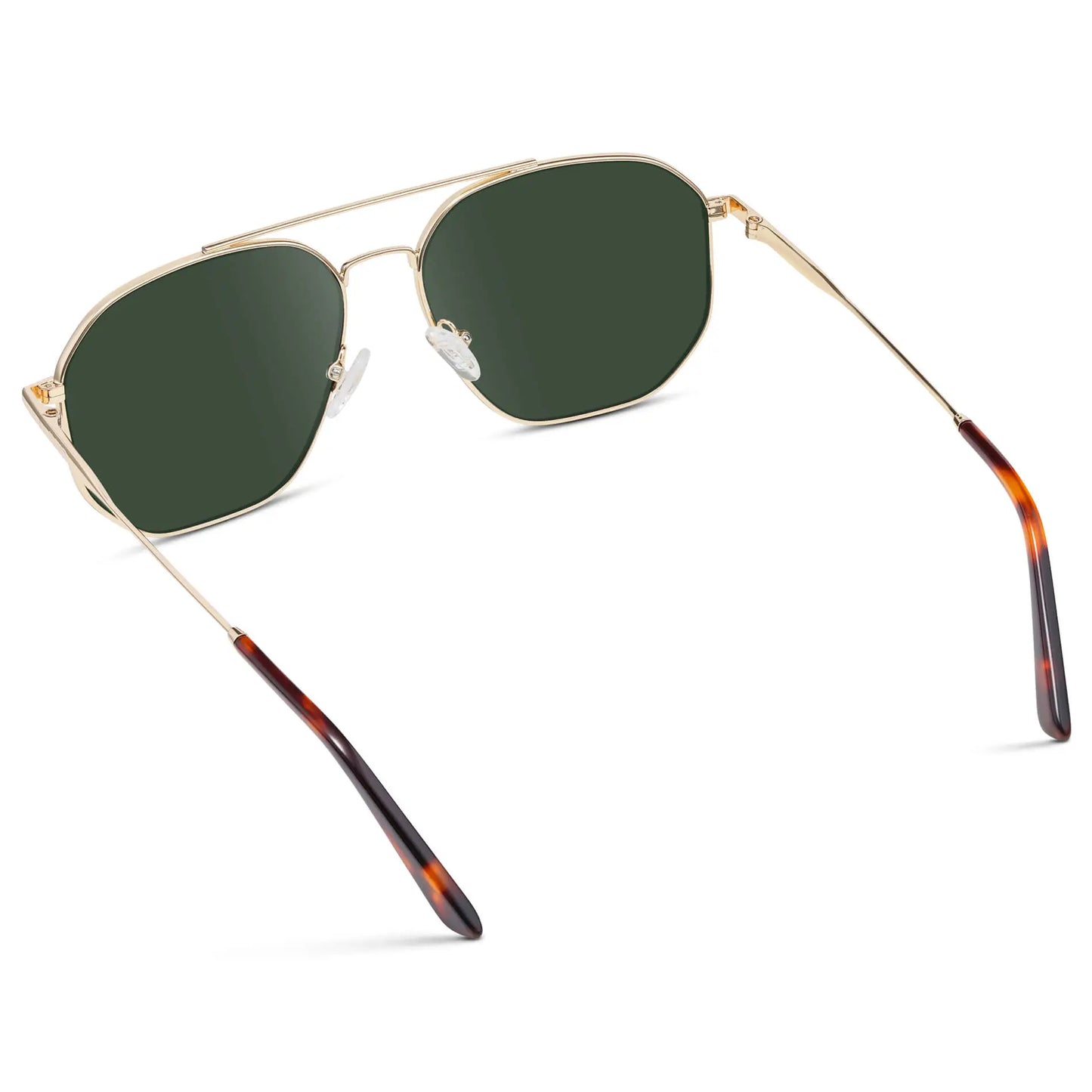 Gold / G15 || Back view of Men's Double Bridge Aviator Prescription Sunglasses with Gold Frame and Green Lenses on a white background