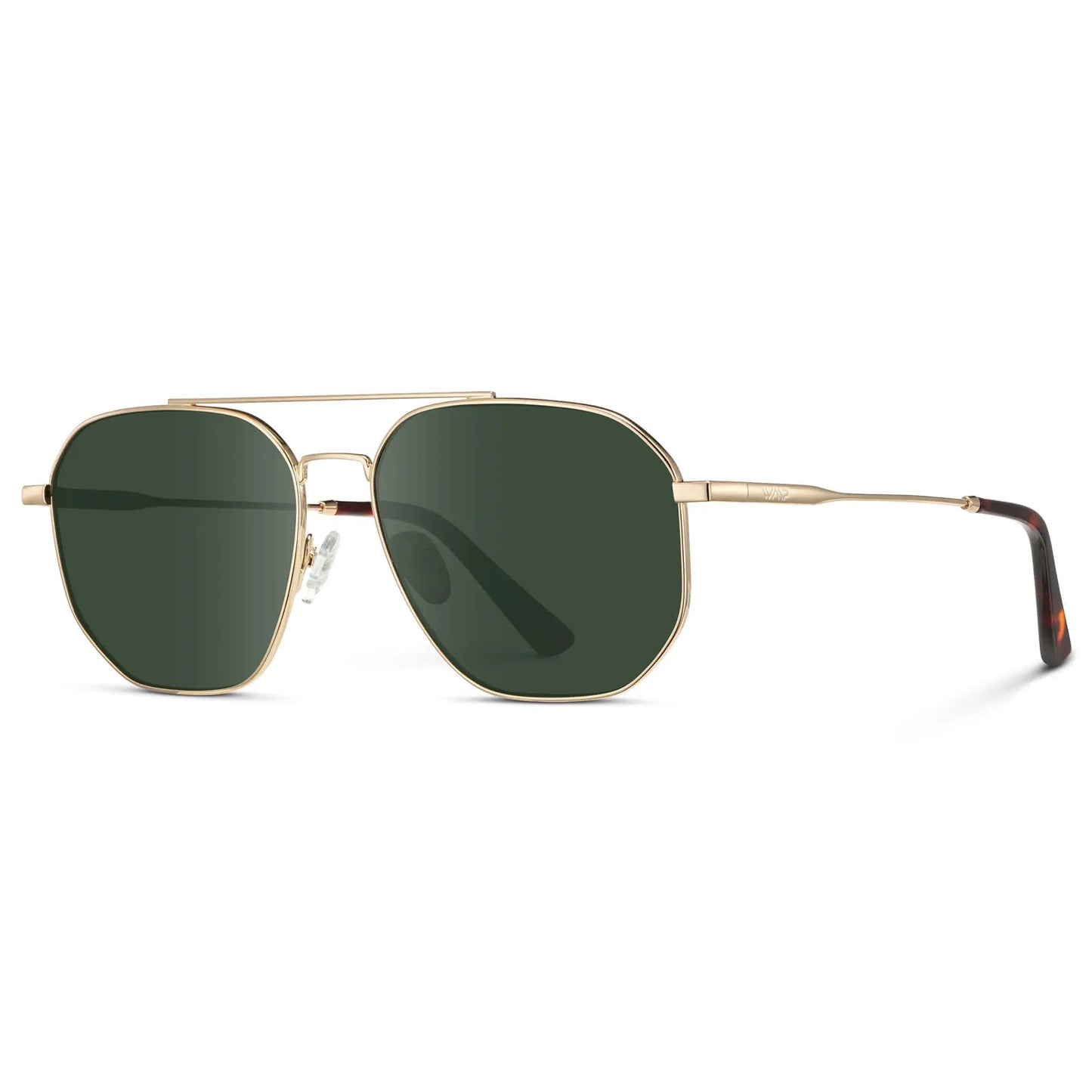 Gold / G15 || Side view of Men's Double Bridge Aviator Prescription Sunglasses with Gold Frame and Green Lenses on a white background
