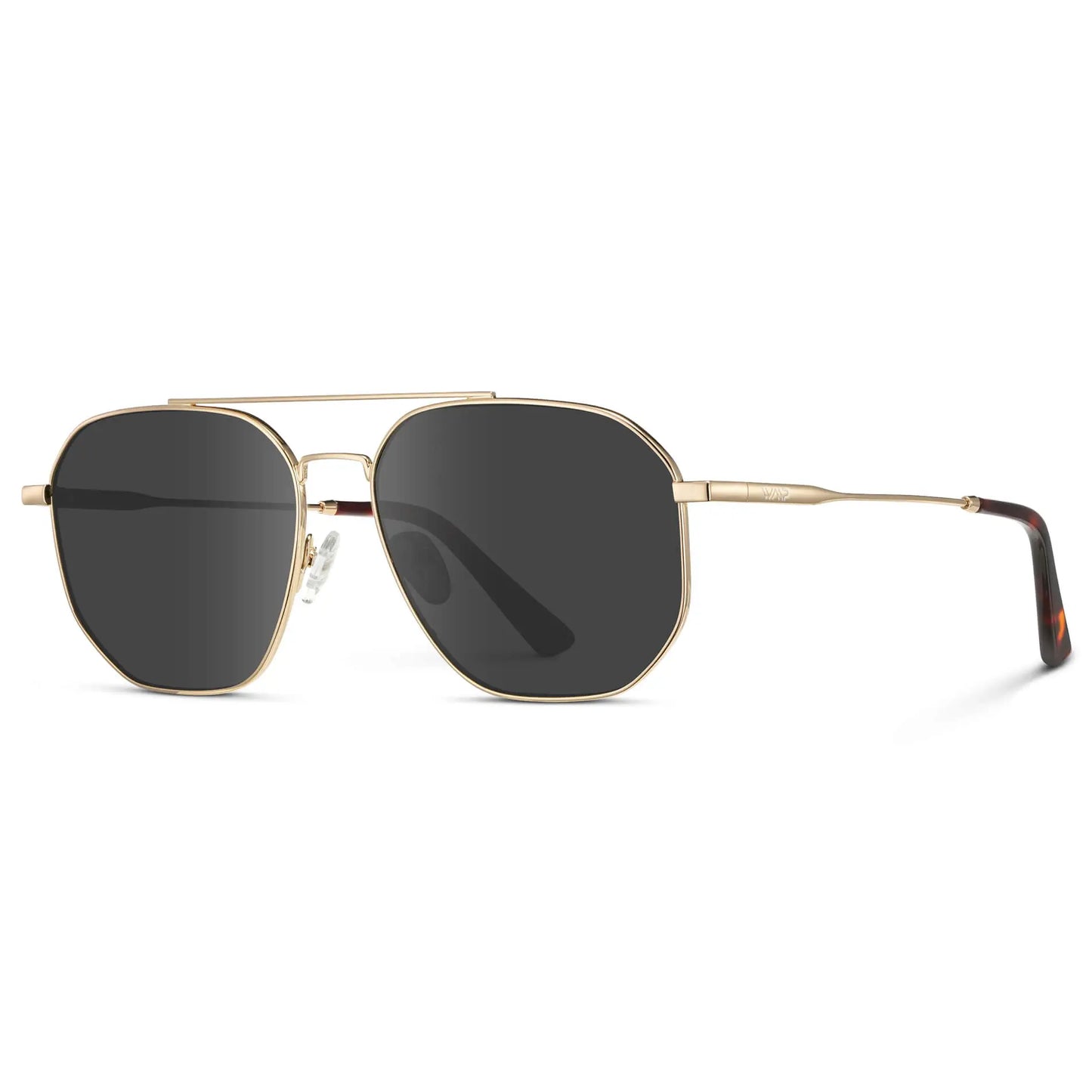 Gold / Grey || Side view of Men's Double Bridge Aviator Prescription Sunglasses with Gold Frame and Grey Lenses on a white background
