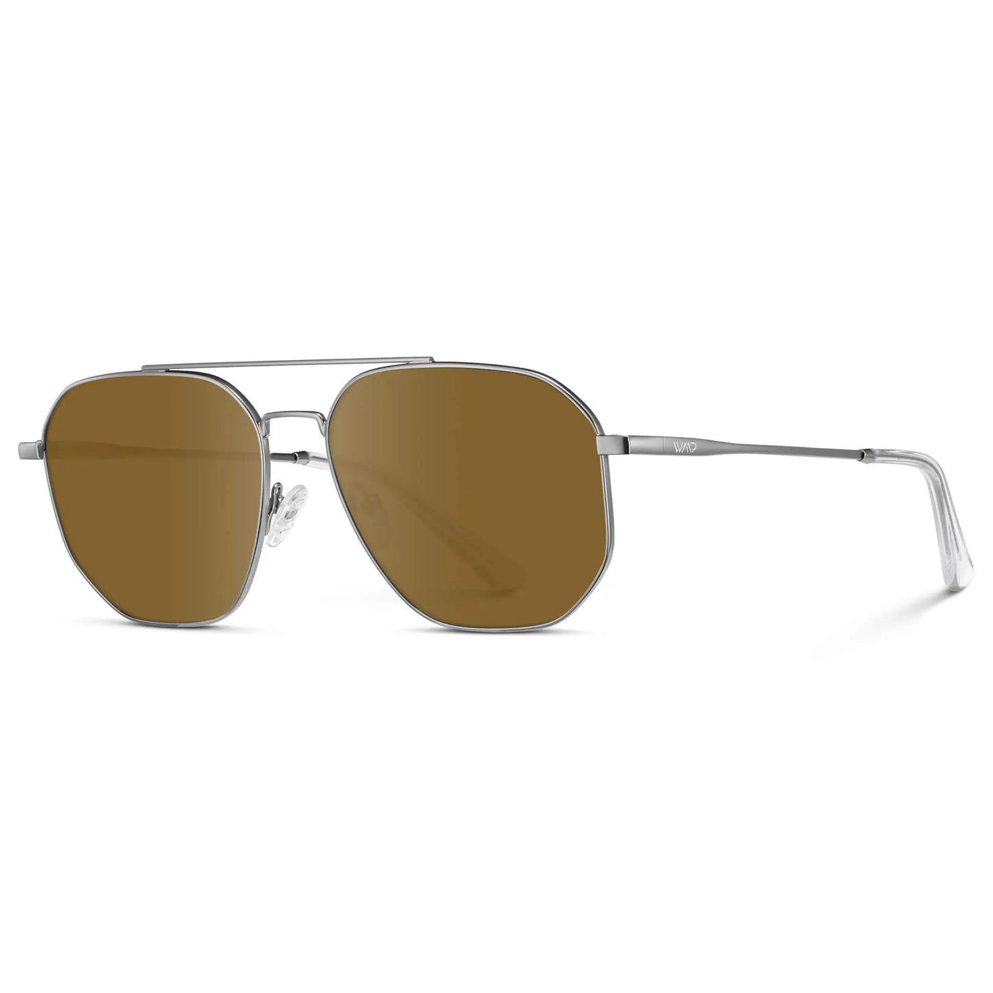 Silver / Amber || Side view of Men's Double Bridge Aviator Prescription Sunglasses with Silver Frame and Amber Lenses on a white background