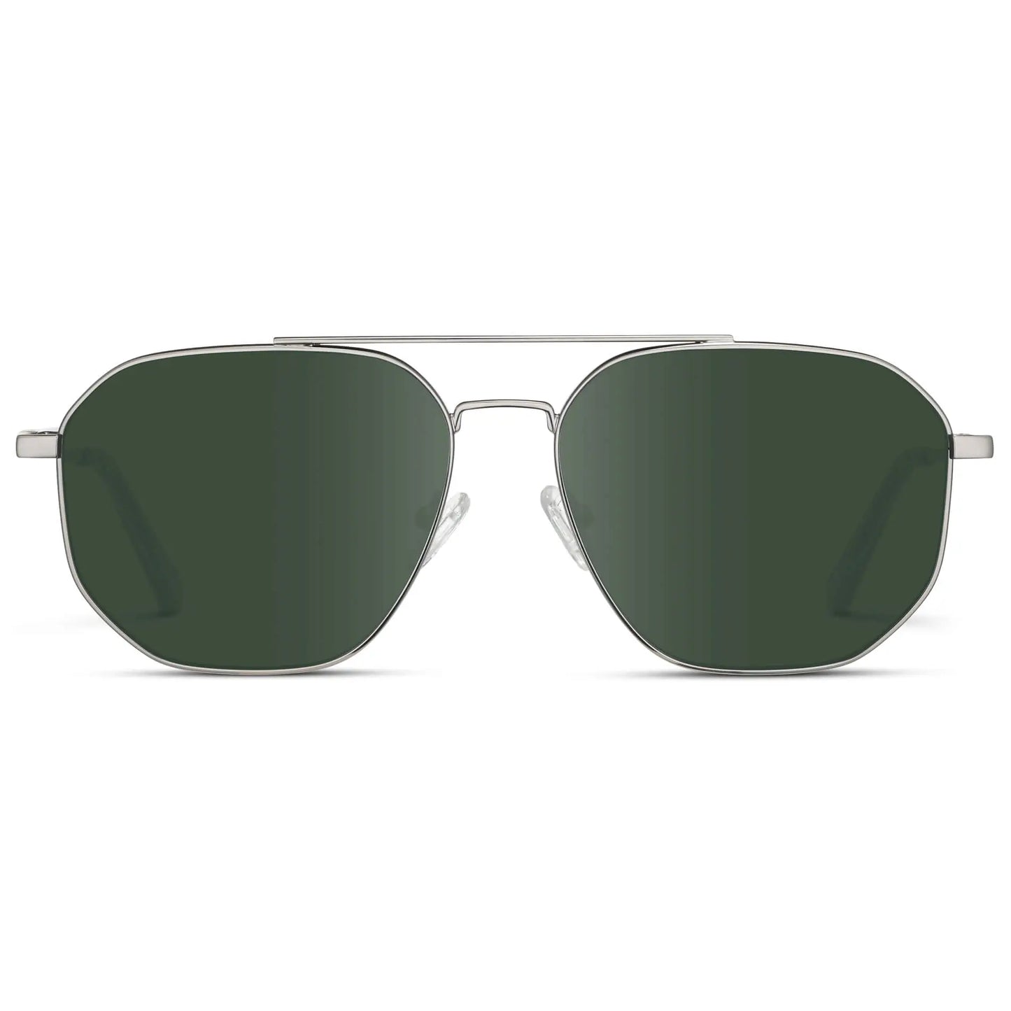 Silver / G15 || Men's Double Bridge Aviator Prescription Sunglasses with Silver Frame and Green Lenses on a white background