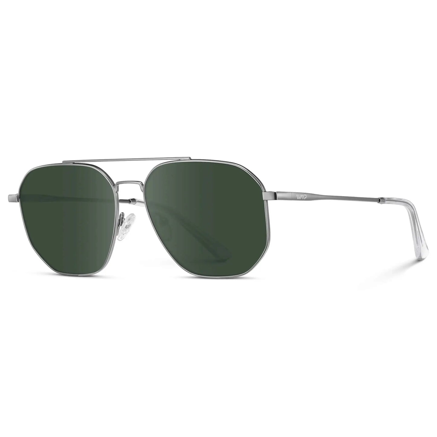 Silver / G15 || Side view of Men's Double Bridge Aviator Prescription Sunglasses with Silver Frame and Green Lenses on a white background