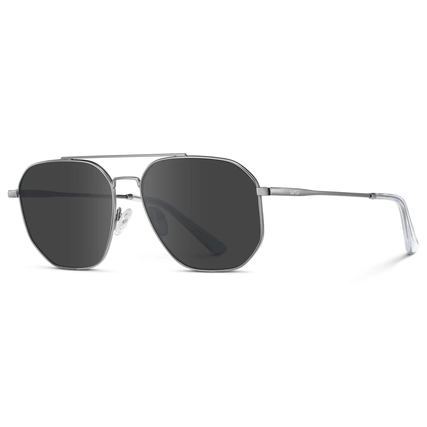Silver / Grey || Side view of Men's Double Bridge Aviator Prescription Sunglasses with Silver Frame and Grey Lenses on a white background