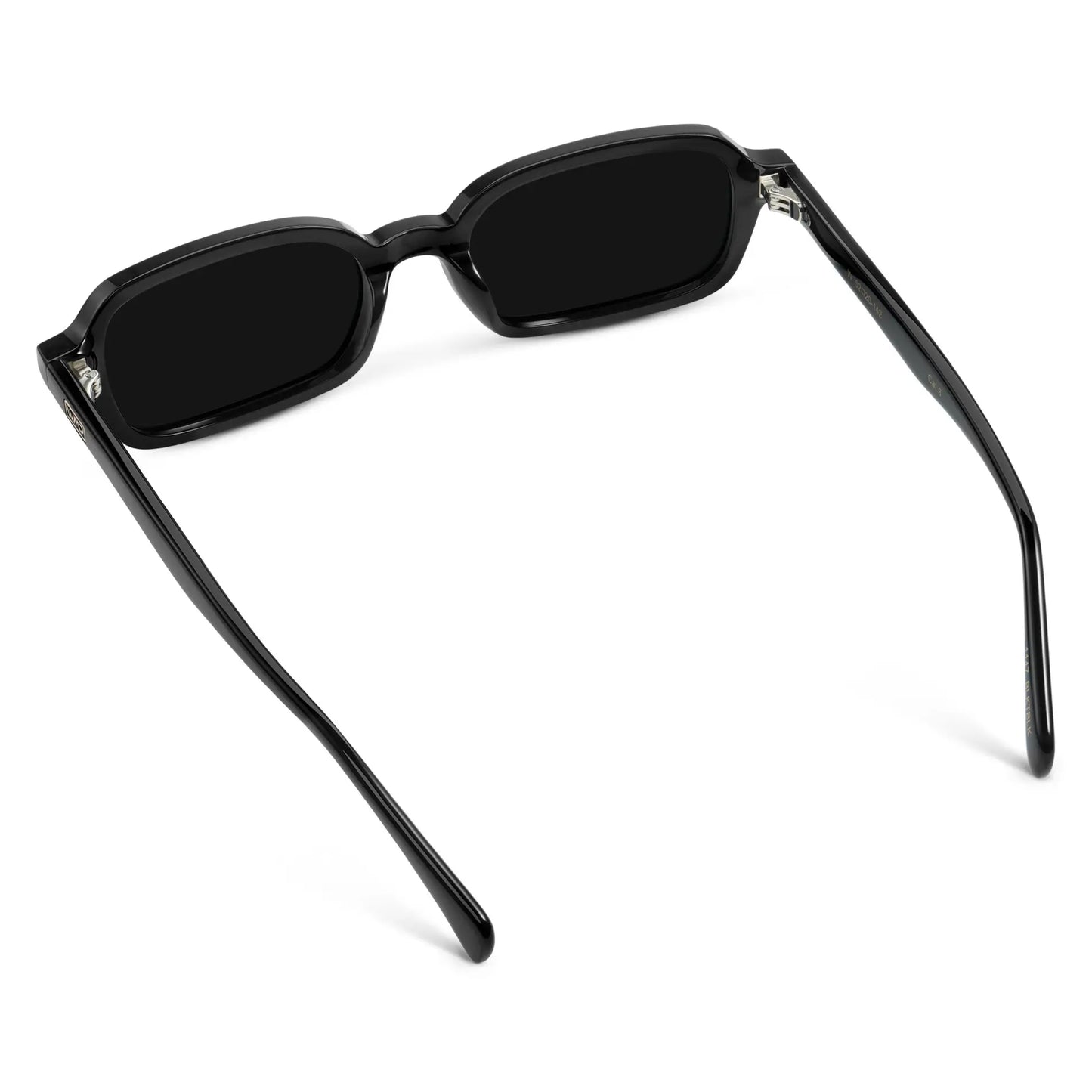 Black / Triple Black Lens || Back view of Women's Rectangular Sunglasses with Black Frame and Anti-Reflective Black Lenses on a white background