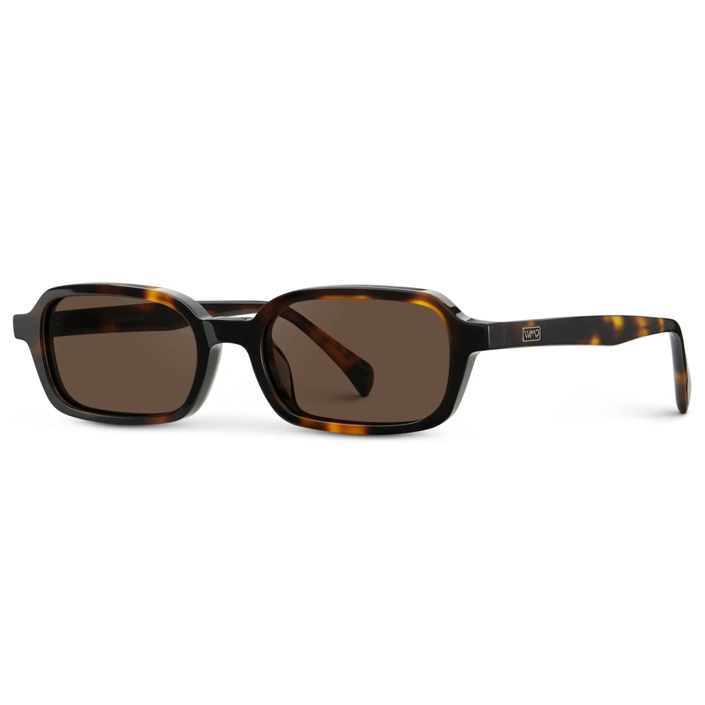Brown Tortoise / Brown Lens || Side view of Women's Rectangular Sunglasses with Brown Tortoise Frame and Anti-Reflective Brown Lenses on a white background