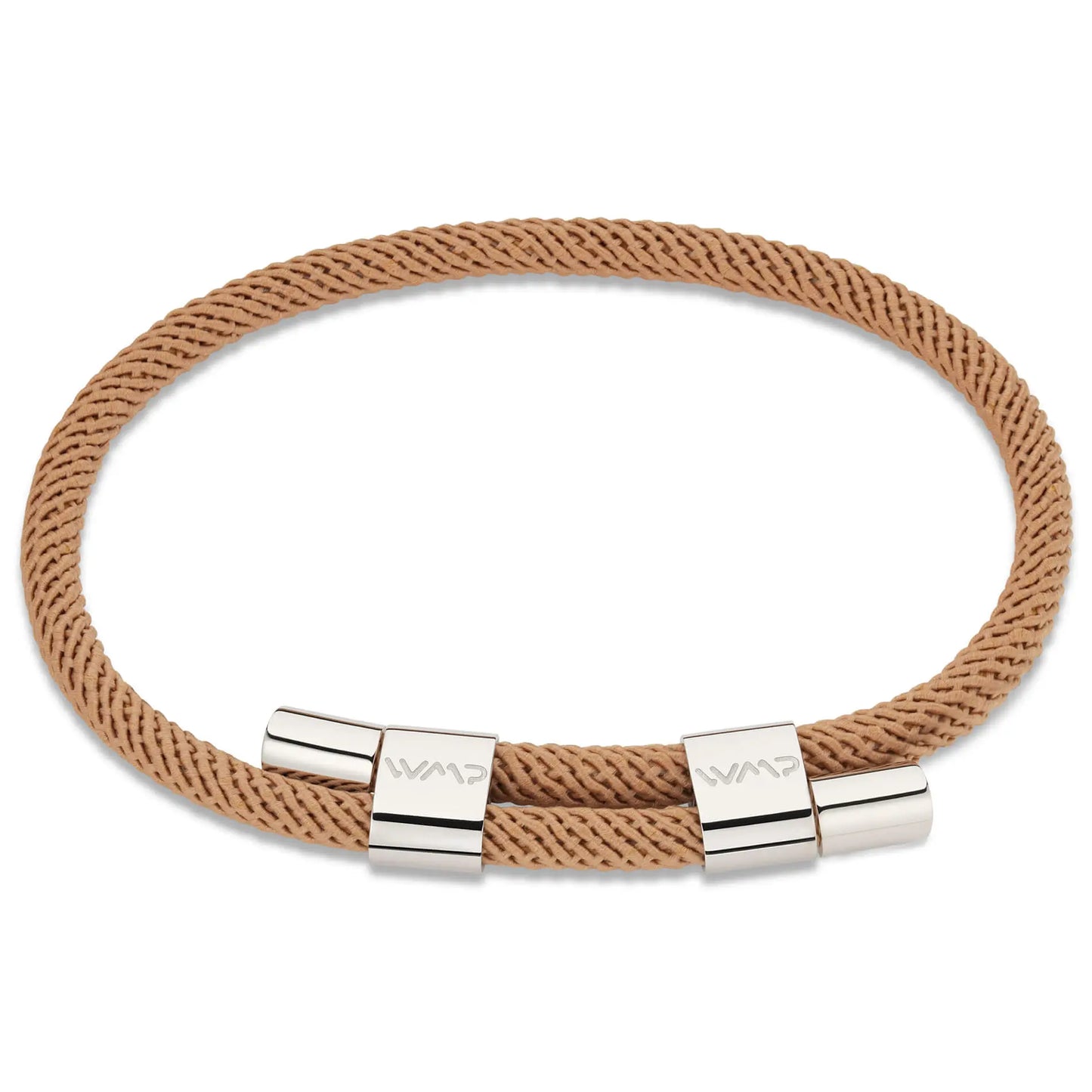 Desert Tan / Silver || Silver Stainless Steel Bracelet Set with Tan Rope Detail for Men on a white background